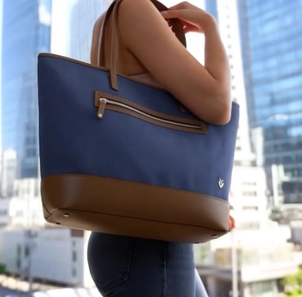 VESSEL Brown Blue Denim Canvas Leather Tote Bag Weekend Shoulder Zip Very Good
